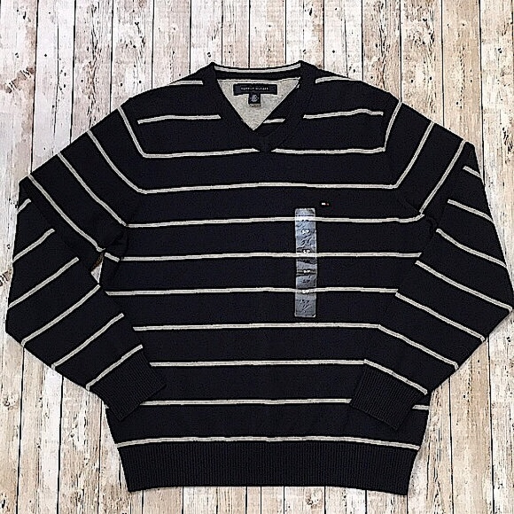 New Tommy Hilfiger Cotton V Neck Pullover Sweater Blue & Gray Stripes Size S